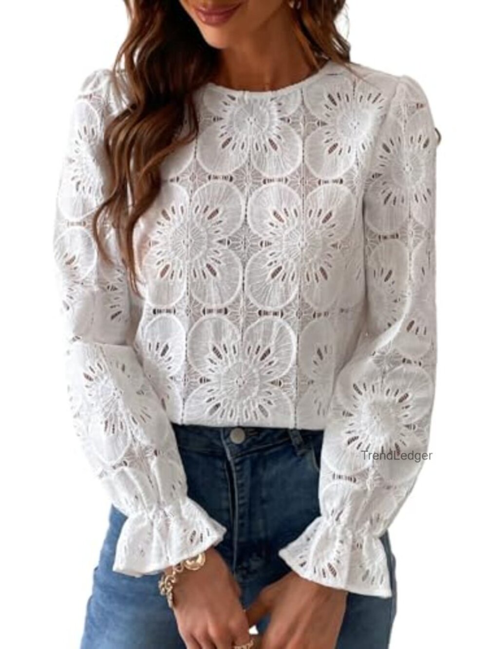 Women's Lace Eyelet Puff Sleeve Blouse Crew Neck Back Button